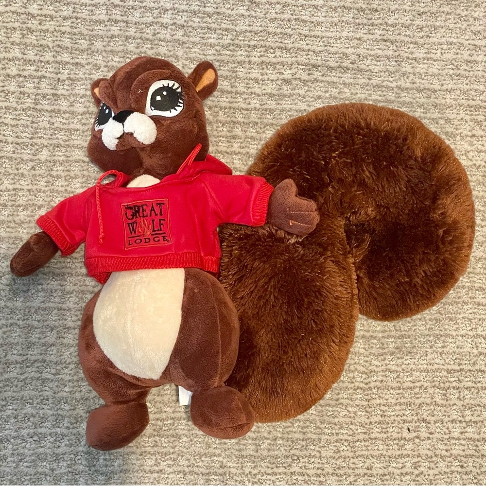 Vintage -black eyes, Great Wolf Lodge Sammy the Squirrel, 15”, Red Hoodie